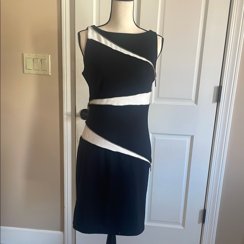 Adrienne Vittadini Black and White Asymmetrical Sheath Dress
